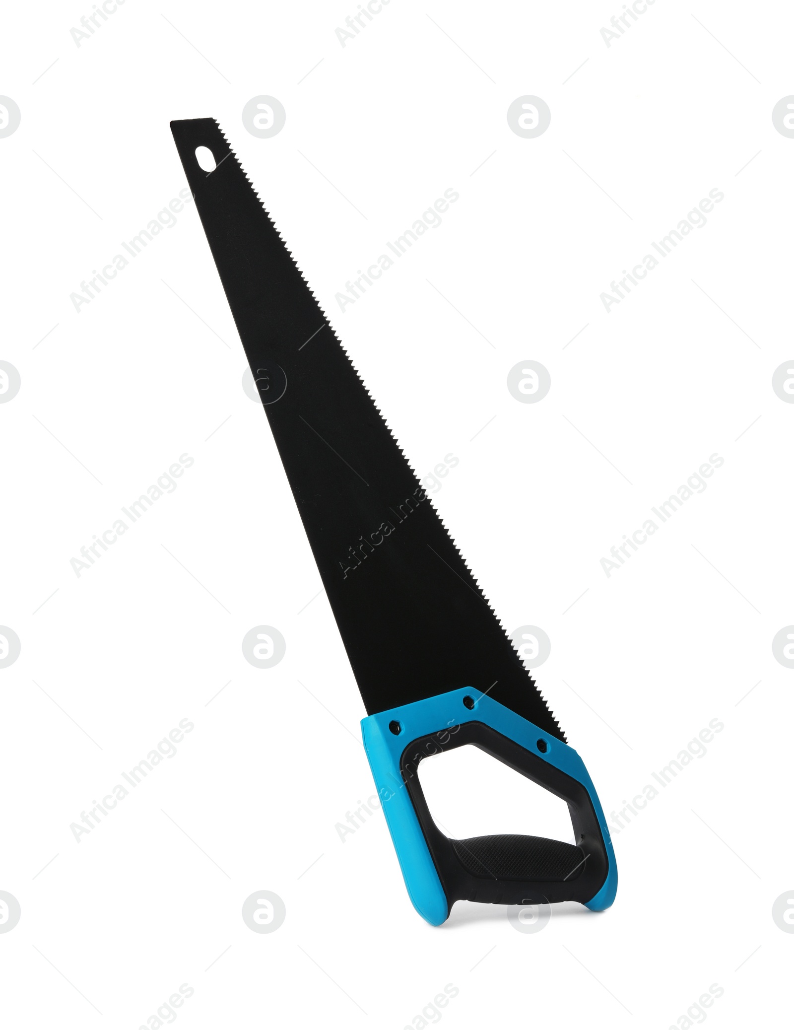 Photo of New hand saw on white background. Professional construction tool