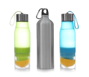 Photo of Different water bottles for sports on white background