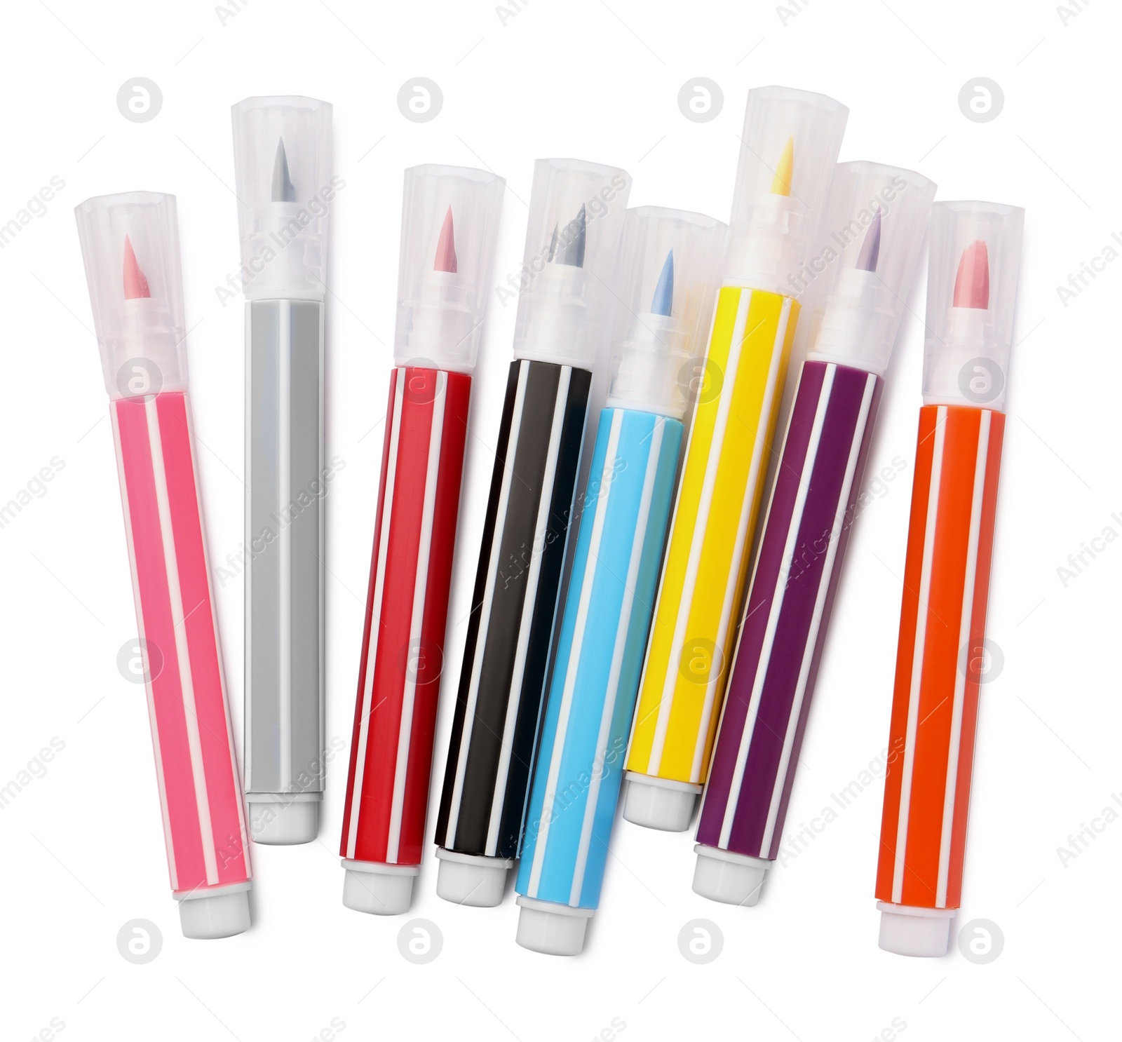 Photo of Many bright markers isolated on white, top view