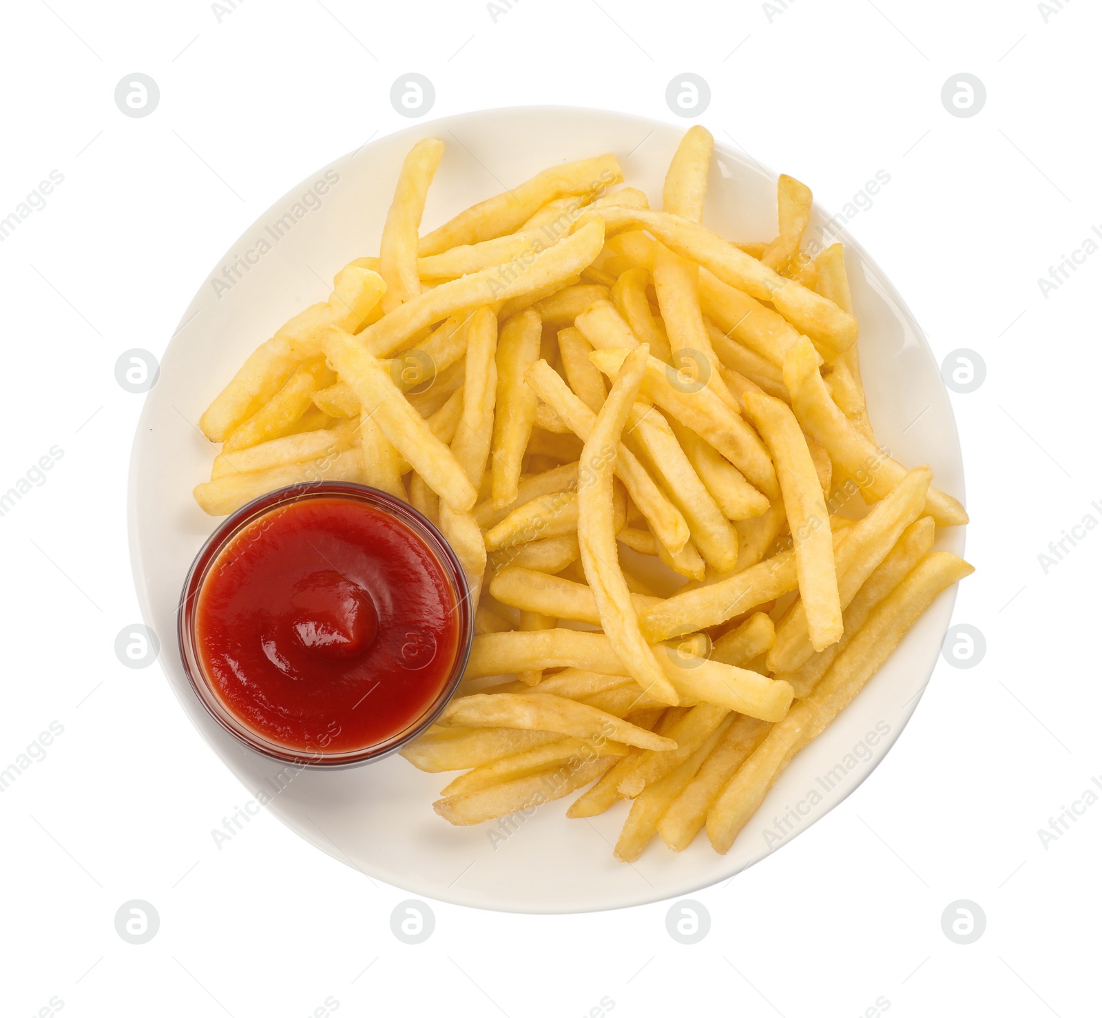 Photo of Plate of tasty french fries with ketchup isolated on white, top view