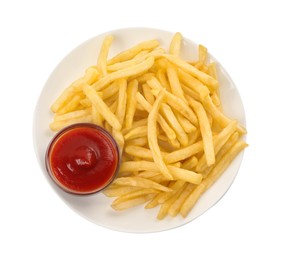 Plate of tasty french fries with ketchup isolated on white, top view