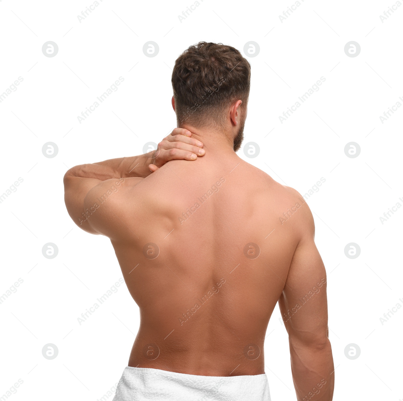 Photo of Man suffering from neck pain on white background, back view