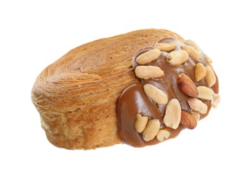 Photo of One supreme croissant with chocolate paste and nuts on white background. Tasty puff pastry