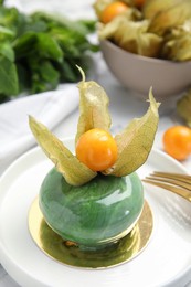 Photo of Delicious mousse cake decorated with physalis fruit on white marble table, closeup