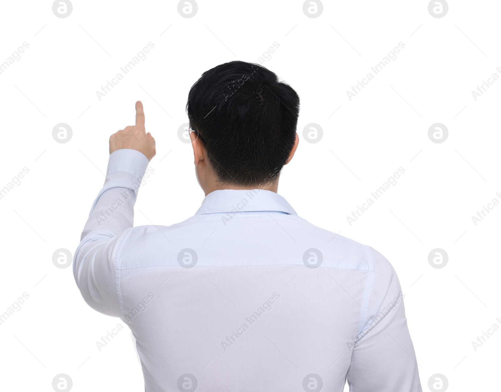 Photo of Businessman in formal clothes posing on white background, back view