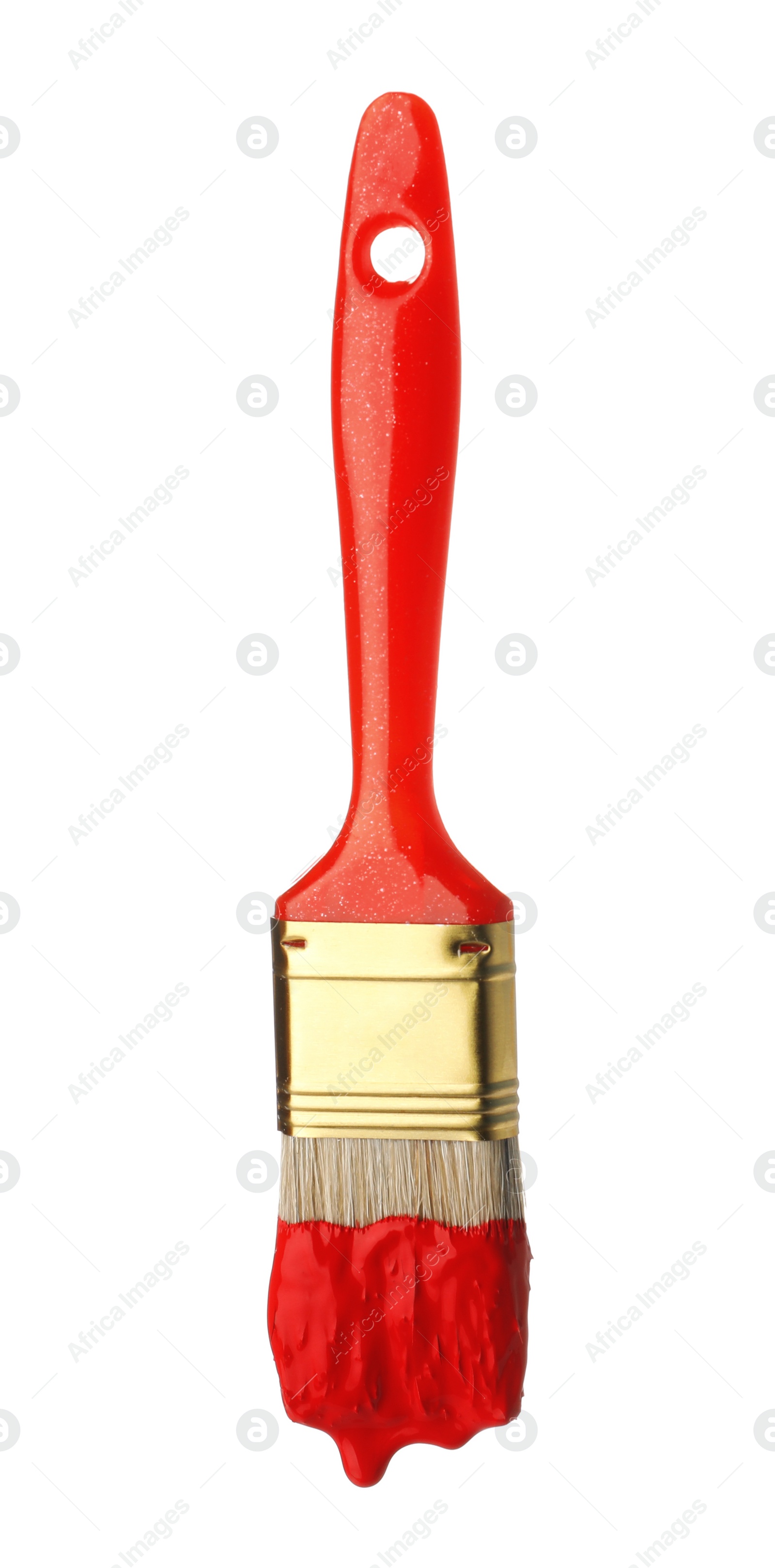 Photo of Brush with red paint on white background