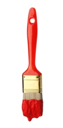 Photo of Brush with red paint on white background