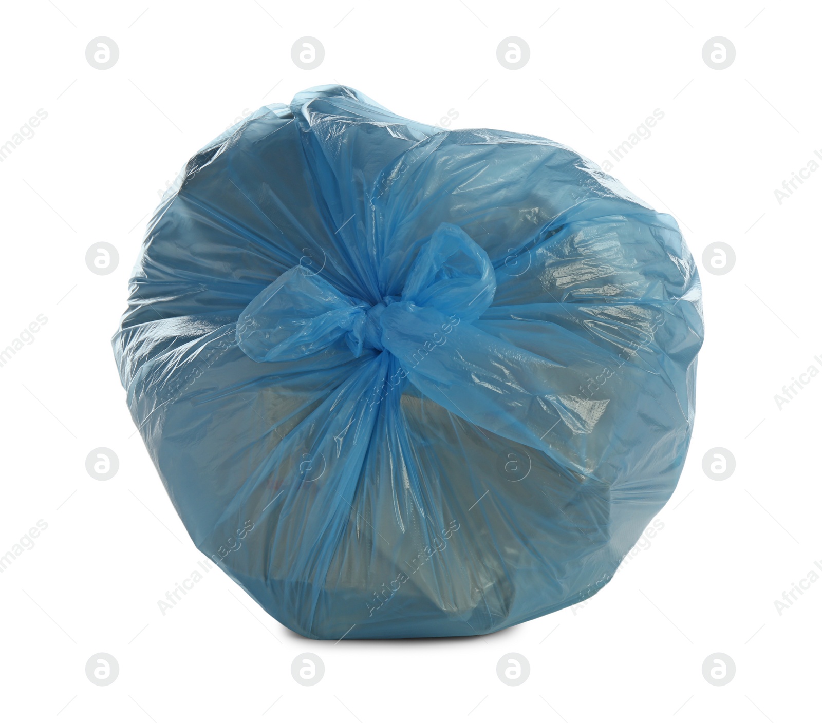 Photo of Blue trash bag filled with garbage isolated on white