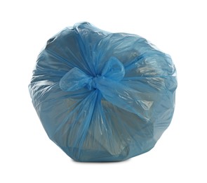 Photo of Blue trash bag filled with garbage isolated on white