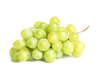 Photo of Bunch of green fresh ripe juicy grapes isolated on white