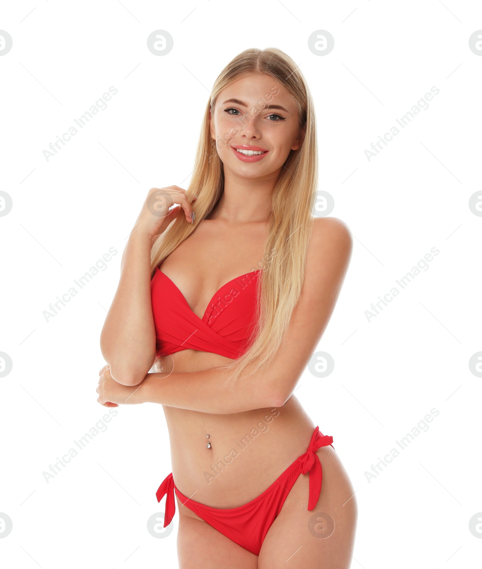 Photo of Pretty young woman wearing stylish bikini on white background