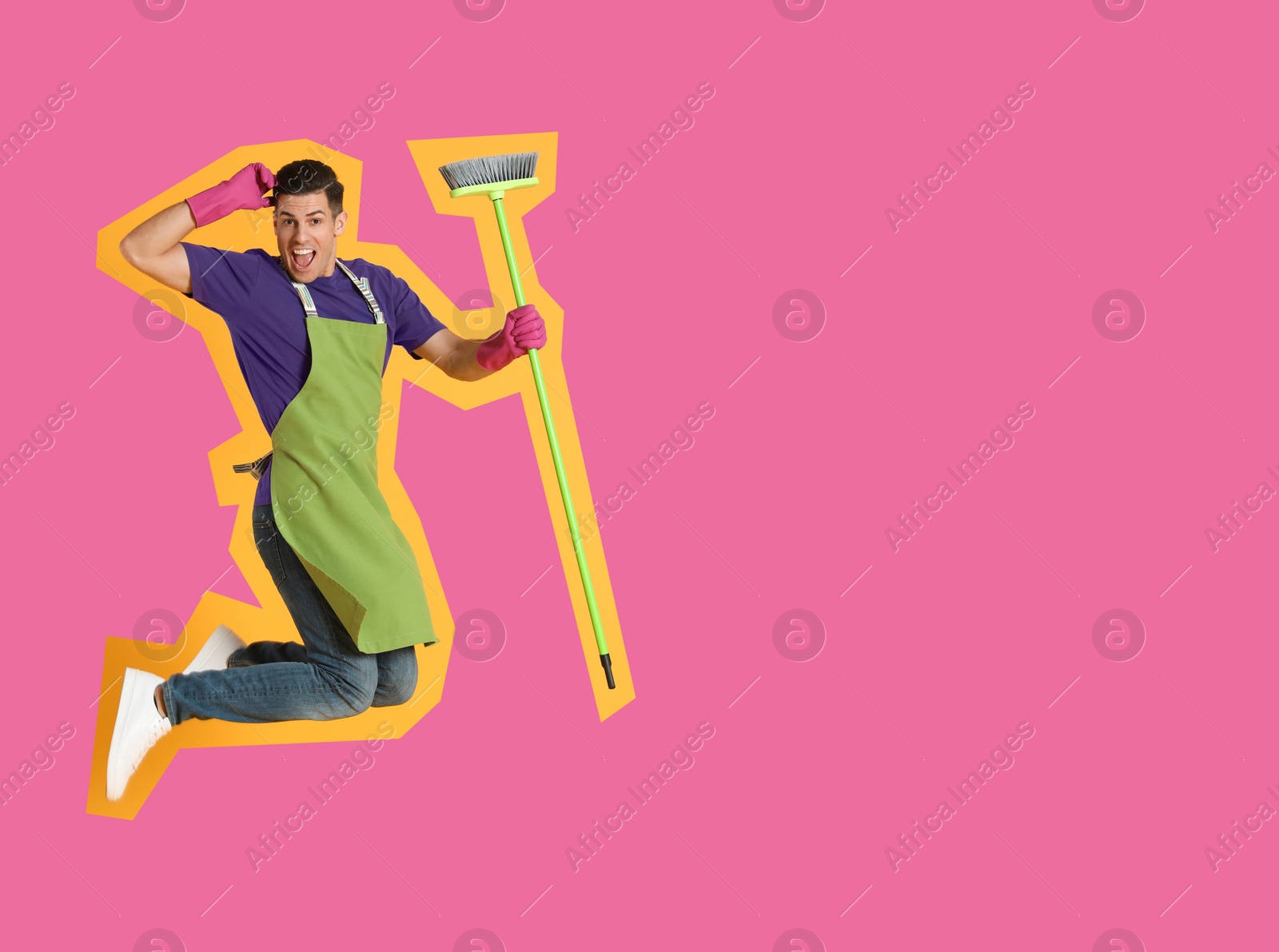 Image of Pop art poster. Man with green broom jumping on pink background. Space for text