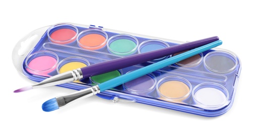 Photo of Watercolor palette and brushes on white background. School stationery