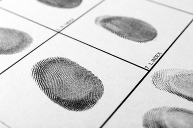 Police form with fingerprints, closeup. Forensic examination