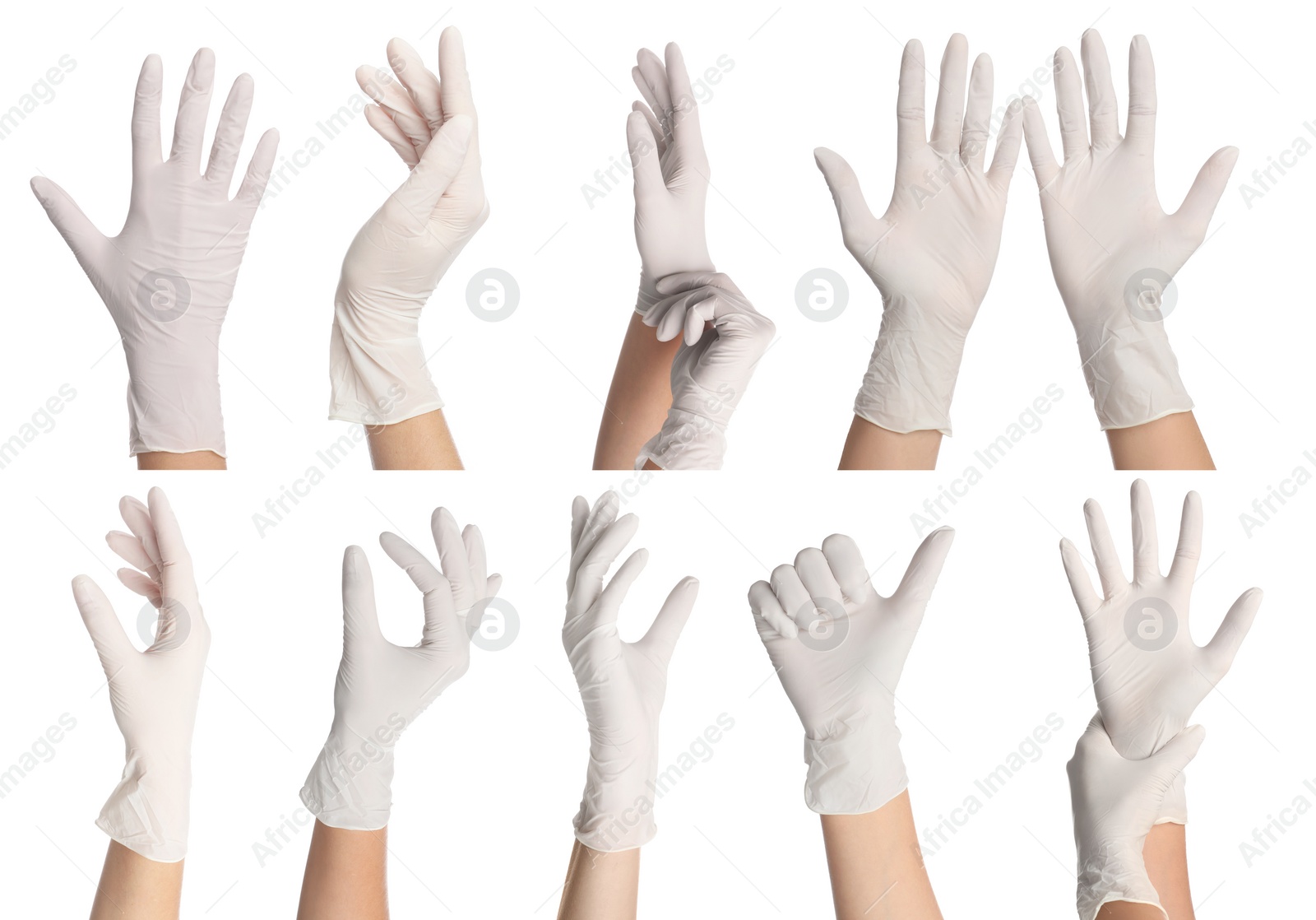 Image of Collage with photos of woman wearing medical gloves on white background, closeup