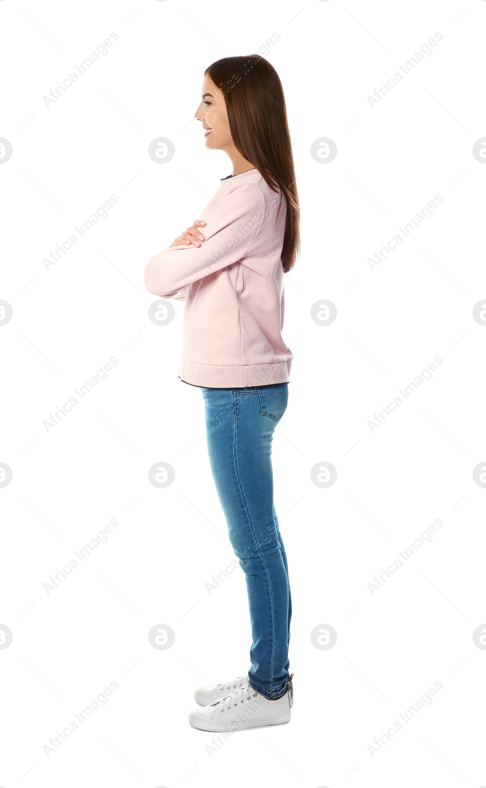 Photo of Full length portrait of pretty woman on white background