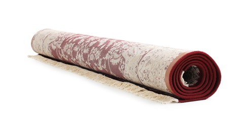 Photo of Rolled carpet on white background. Interior element