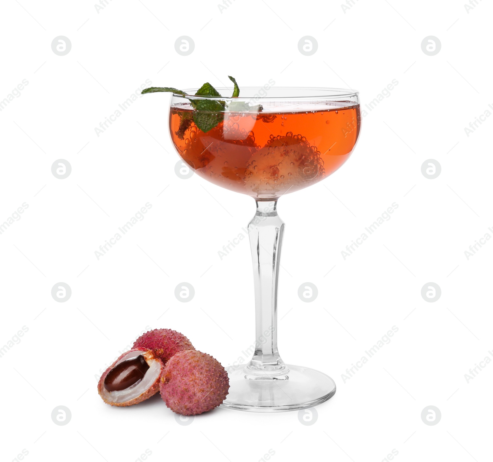 Photo of Lychee cocktail with fresh fruits and mint on white background