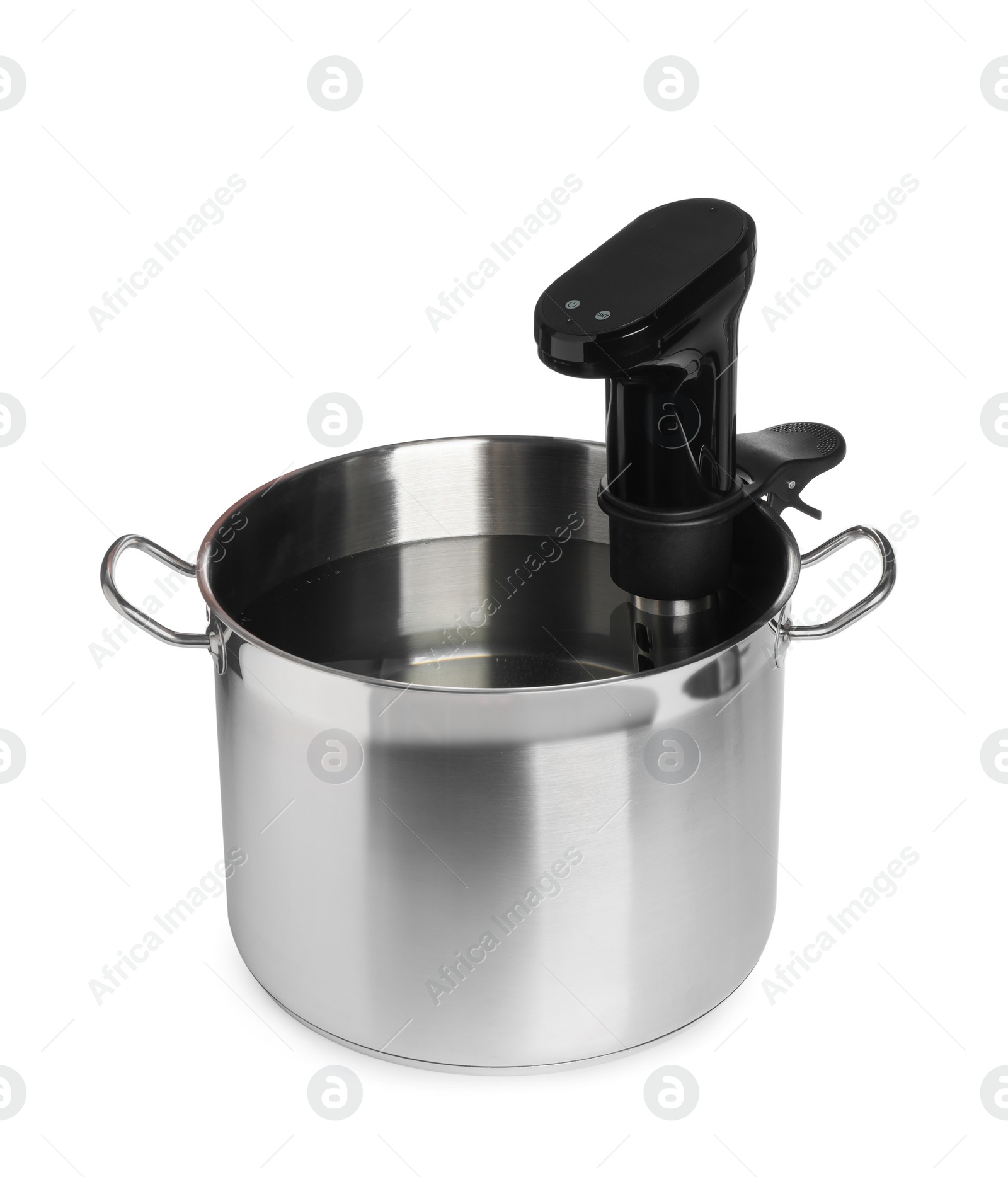 Photo of Thermal immersion circulator in pot isolated on white. Sous vide cooker