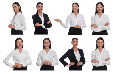 Image of Collage with photos of hostess in uniform on white background