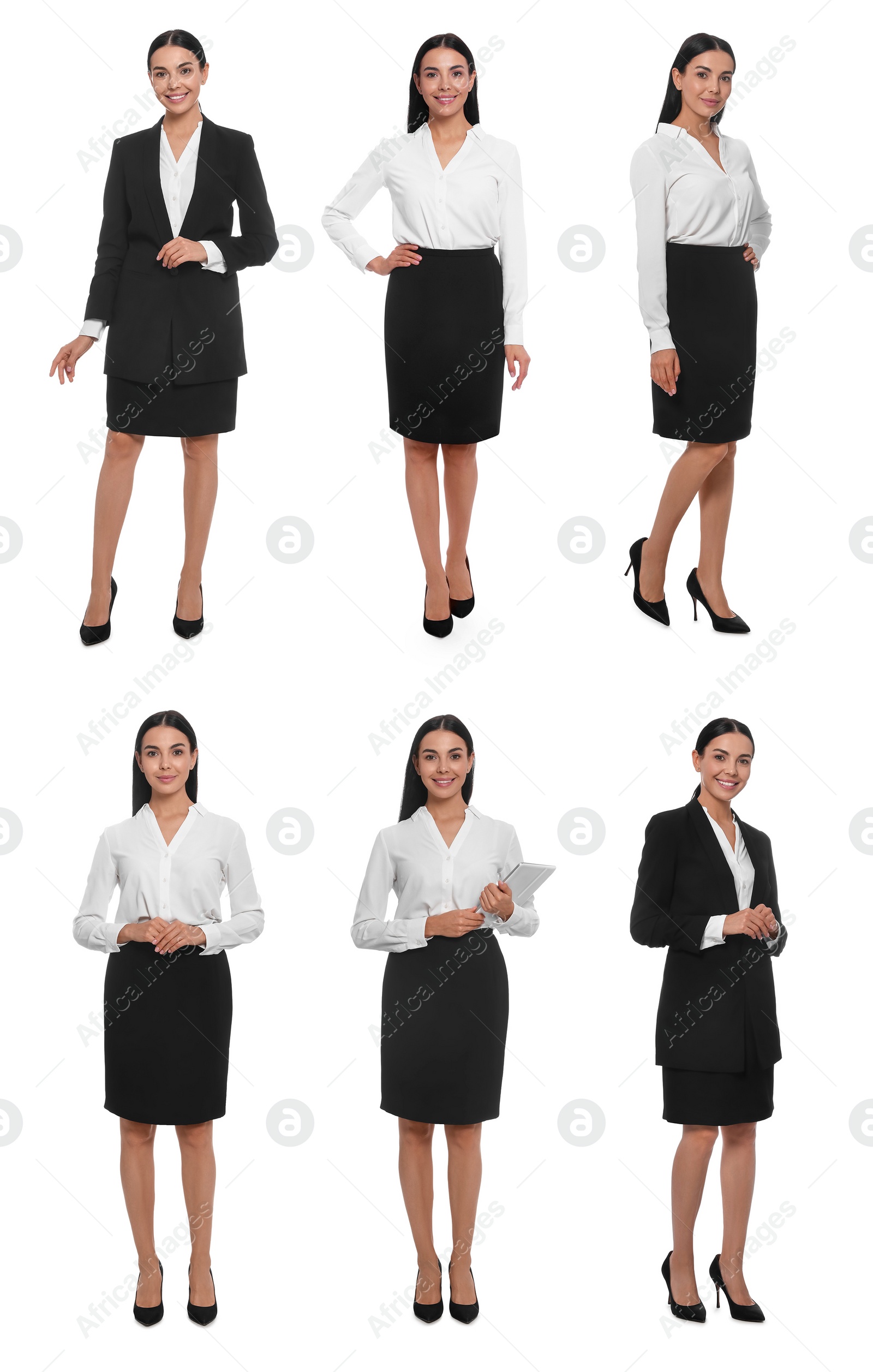 Image of Collage with photos of hostess in uniform on white background