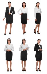 Collage with photos of hostess in uniform on white background