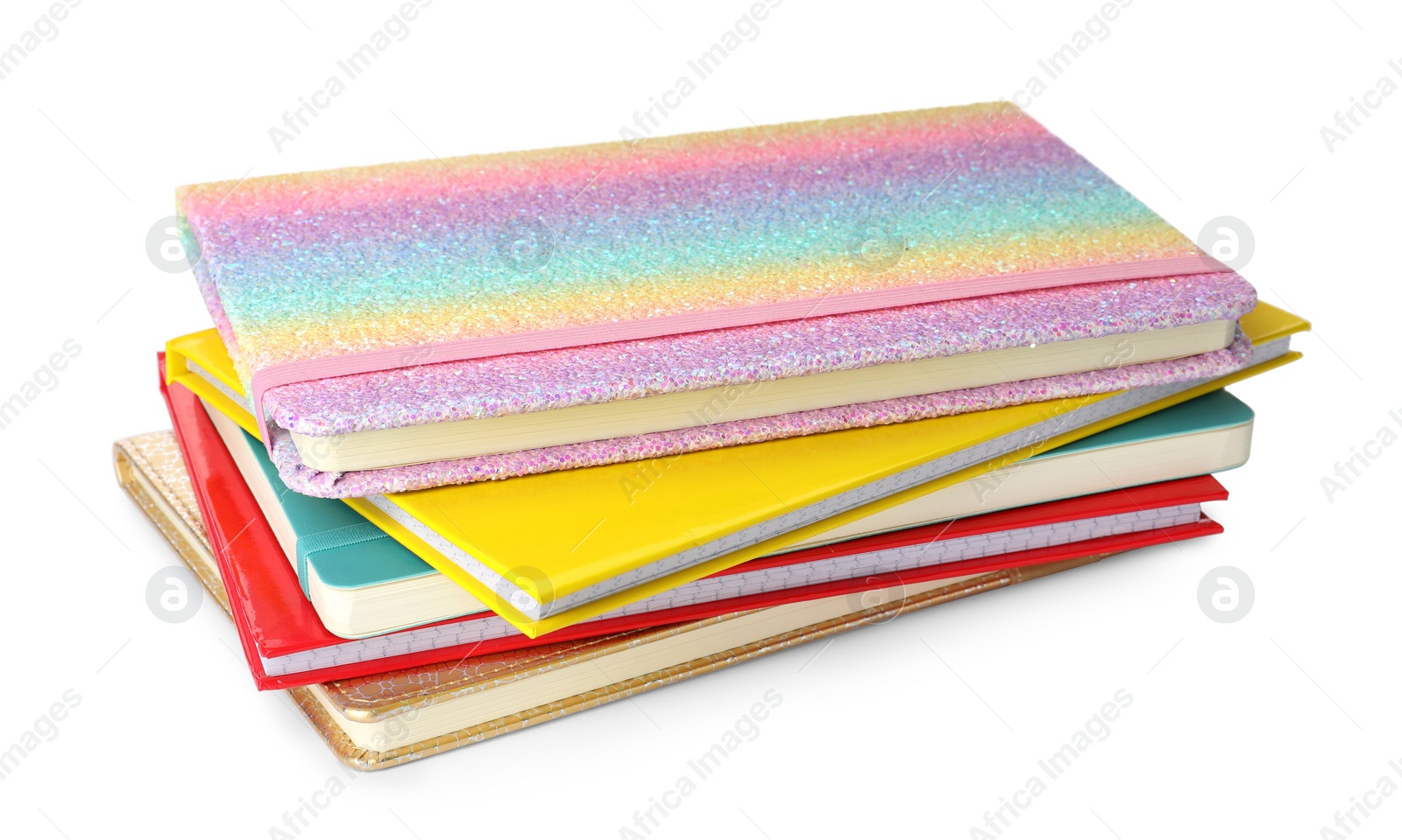 Photo of Stack of different colorful hardcover planners on white background