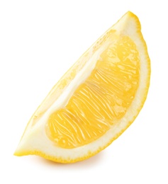 Photo of Slice of ripe lemon on white background