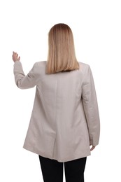Photo of Businesswoman posing on white background, back view