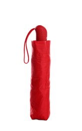 Photo of Stylish closed red umbrella isolated on white