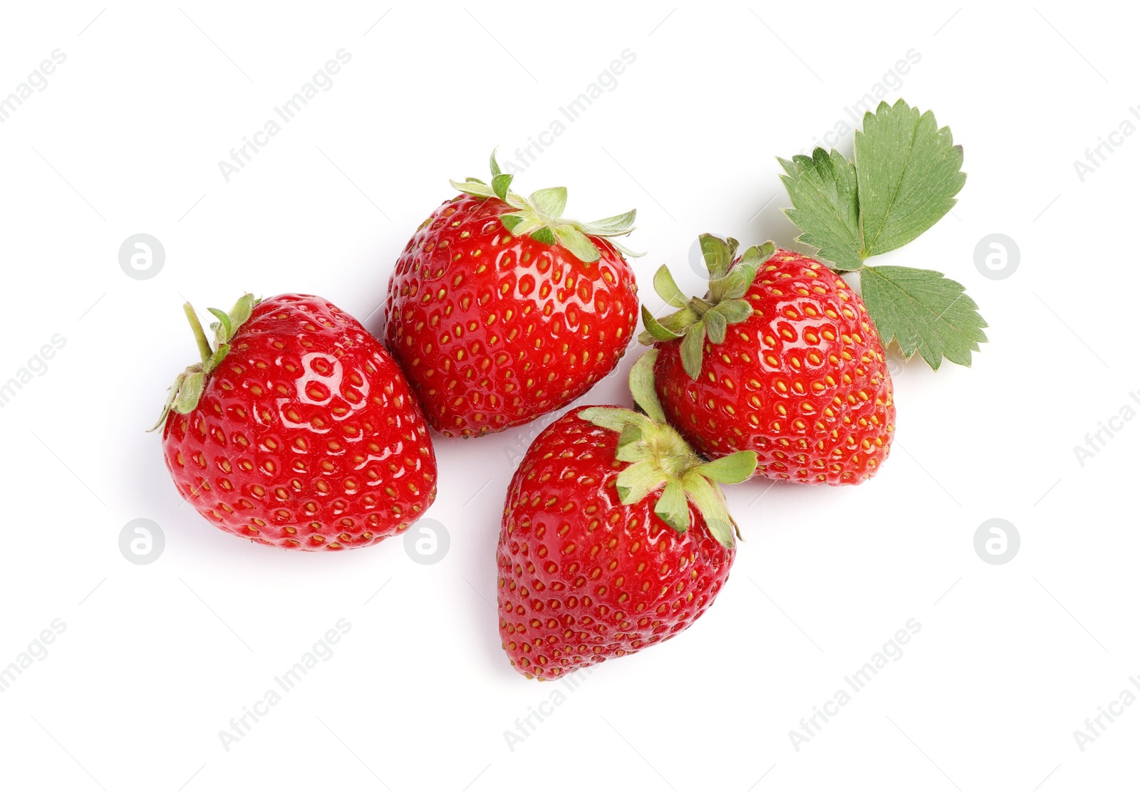 Photo of Delicious fresh red strawberries and green leaf on white background, top view