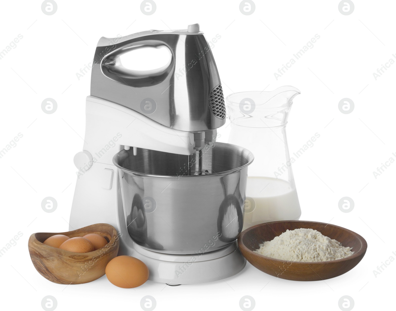 Photo of Stand mixer and different ingredients for dough isolated on white