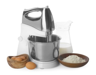 Photo of Stand mixer and different ingredients for dough isolated on white