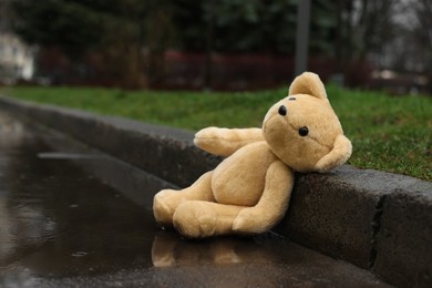 Photo of Lonely teddy bear in puddle on rainy day, space for text