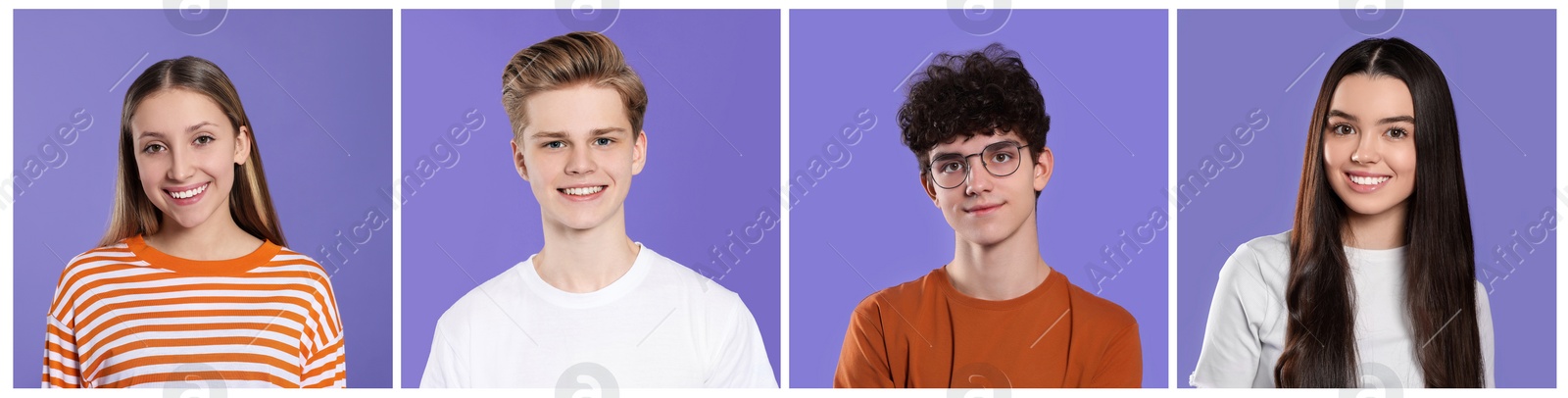 Image of Portraits of teenagers on blue violet background, collage design