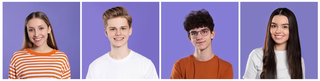 Image of Portraits of teenagers on blue violet background, collage design