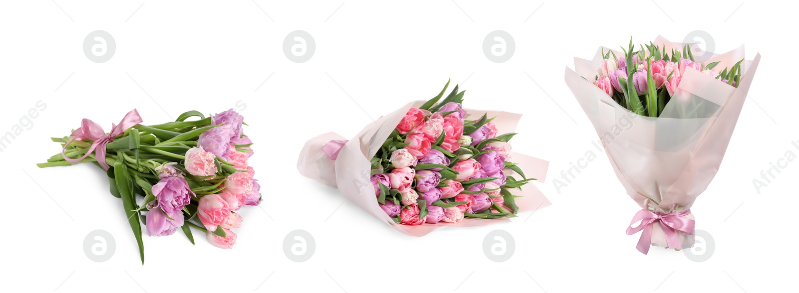 Image of Beautiful bouquets of tulip flowers isolated on white, set