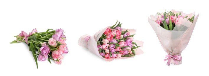 Image of Beautiful bouquets of tulip flowers isolated on white, set