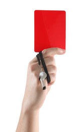 Photo of Referee holding red card and whistle on white background, closeup