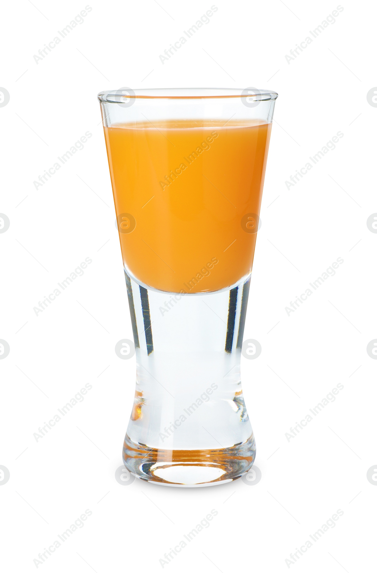 Photo of Tasty tangerine liqueur in shot glass isolated on white