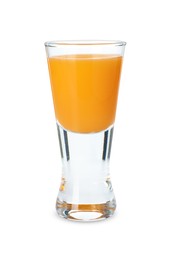 Photo of Tasty tangerine liqueur in shot glass isolated on white