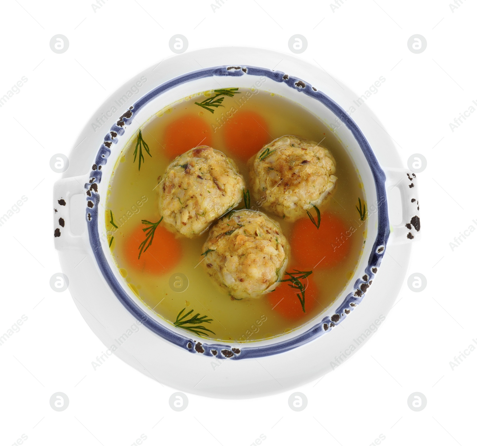 Photo of Bowl of Jewish matzoh balls soup isolated on white, top view