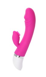 Photo of Pink vibrator on white background. Sex toy