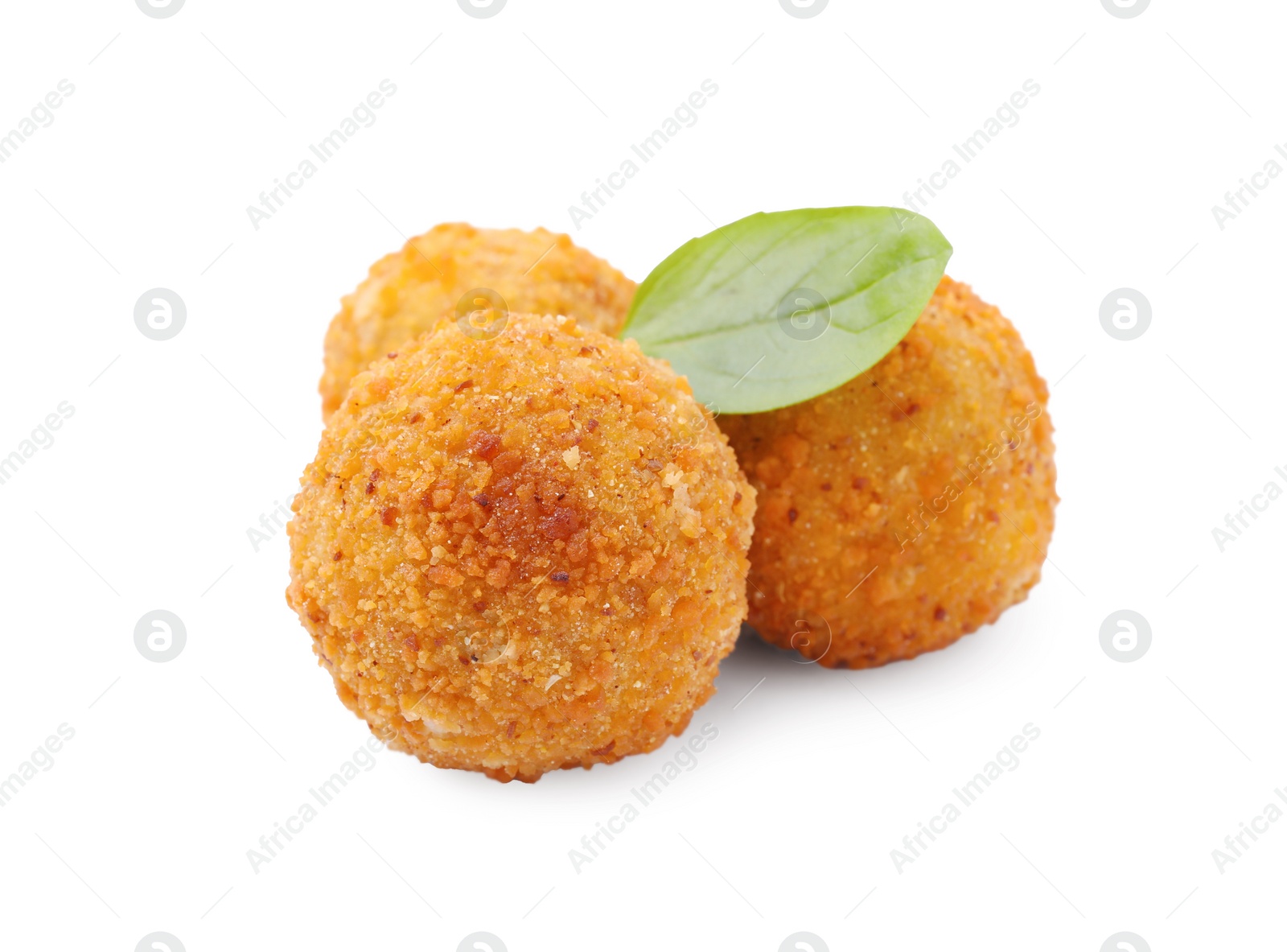 Photo of Delicious fried tofu balls and basil on white background