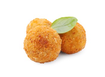 Photo of Delicious fried tofu balls and basil on white background