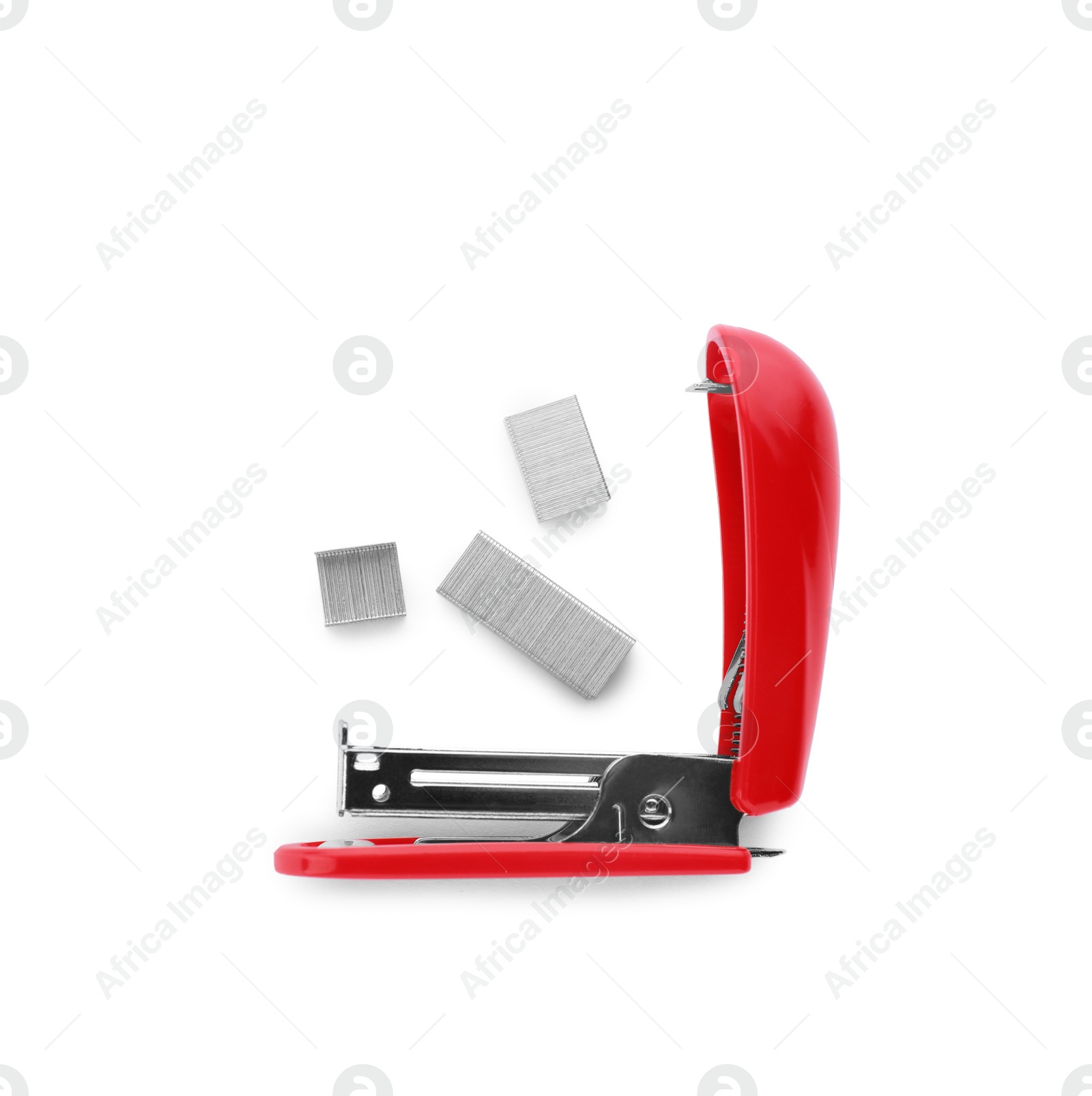 Photo of Bright red stapler with staples isolated on white, top view