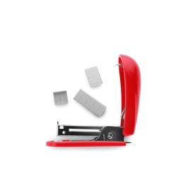 Photo of Bright red stapler with staples isolated on white, top view