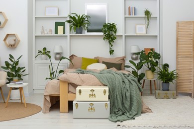 Stylish bedroom with comfortable bed and different houseplants. Interior design