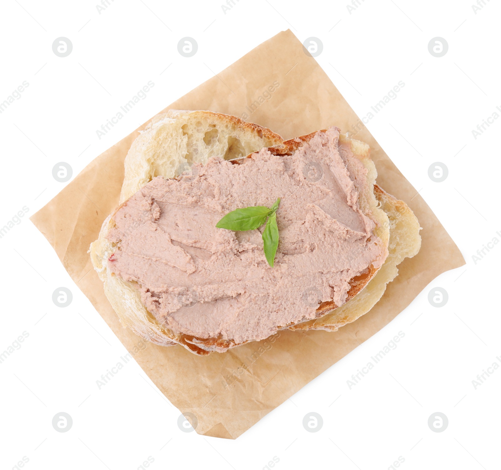 Photo of Sandwich with delicious liverwurst and basil isolated on white, top view