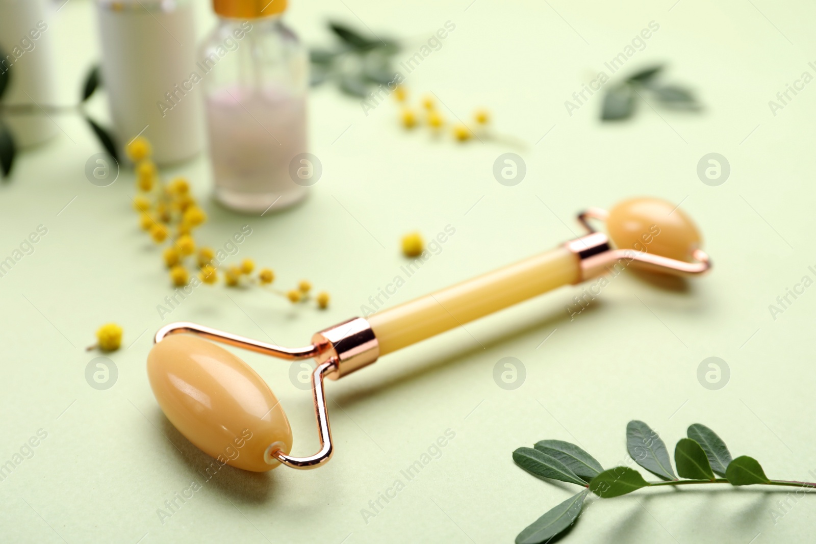 Photo of Natural face roller, cosmetic products and flowers on green background
